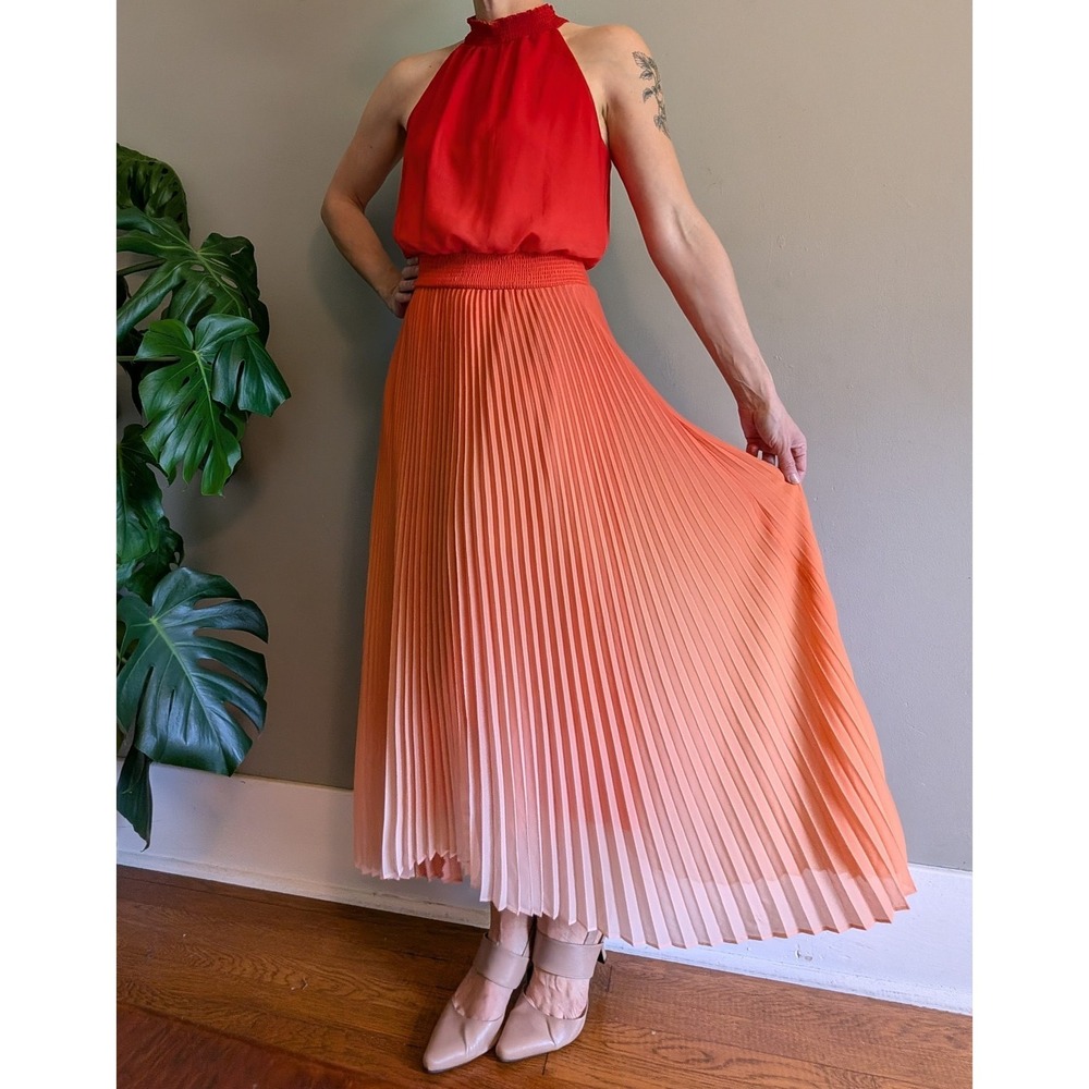White House Black Market Red Orange Ombre Pleated Sleeveless Maxi Dress Event
